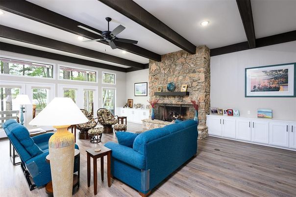 Fireplace, Interior, Living room, Recessed Lighting, Stone Walls, Wooden Beams, Wood Texture Flooring