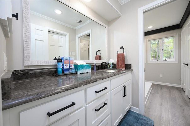 Bathroom, Interior, Recessed Lighting, Wood Texture Flooring