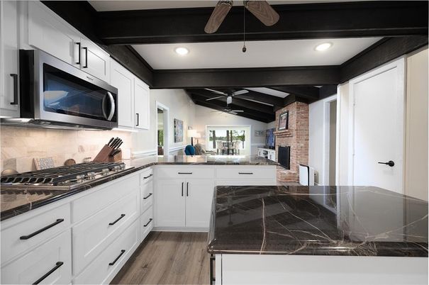 Fireplace, Interior, Kitchen, Recessed Lighting, Stone Walls, Wooden Beams, Wood Texture Flooring