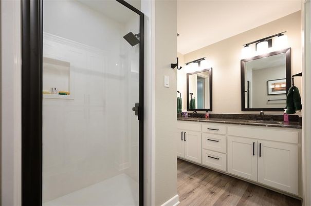 Bathroom, Dual Sink Vanities, Glass Shower, Interior, Wood Texture Flooring