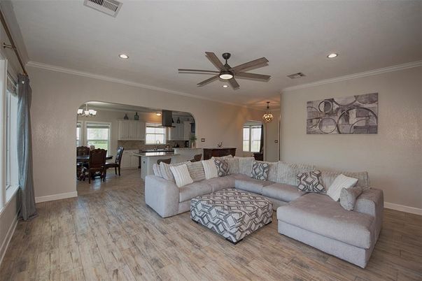Chandelier, Dining room, Interior, Kitchen, Living room, Pendant Lights, Recessed Lighting, Wood Texture Flooring