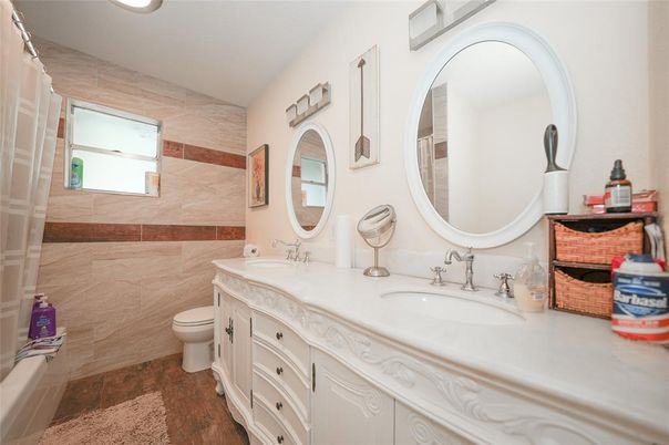 Bathroom, Dual Sink Vanities, Interior, Recessed Lighting, Wood Texture Flooring