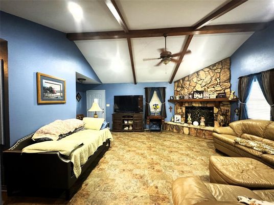 Bedroom, Fireplace, Interior, Living room, Recessed Lighting, Stone Walls, Wooden Beams