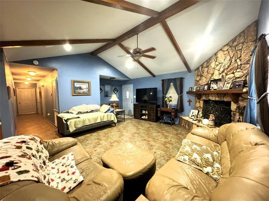 Fireplace, Interior, Living room, Recessed Lighting, Stone Walls, Wooden Beams