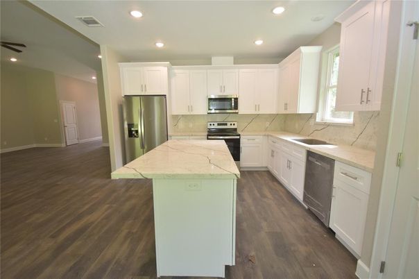Interior, Kitchen, Recessed Lighting, Stainless Steel Appliances, Wood Texture Flooring