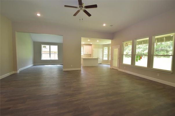 Empty room, Interior, Kitchen, Recessed Lighting, Wood Texture Flooring