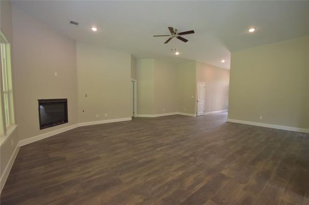 Empty room, Fireplace, Interior, Recessed Lighting, Wood Texture Flooring