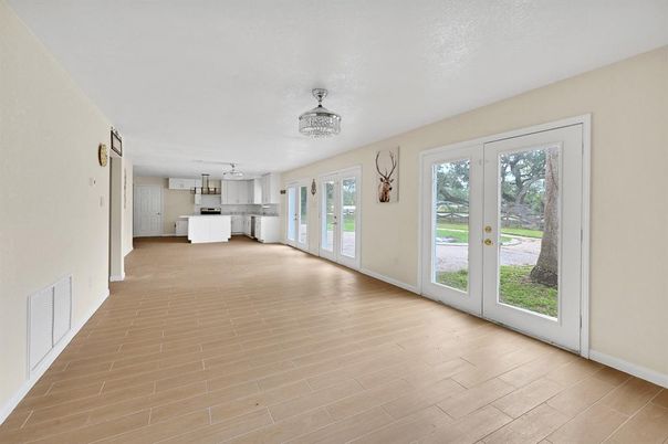 Empty room, Interior, Kitchen, Pendant Lights, Wood Texture Flooring