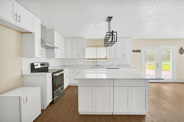 Interior, Kitchen, Marble Walls, Pendant Lights, Wood Texture Flooring