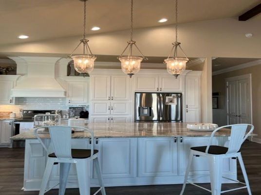 Chandelier, Interior, Kitchen, Pendant Lights, Recessed Lighting, Stainless Steel Appliances, Wooden Beams, Wood Texture Flooring