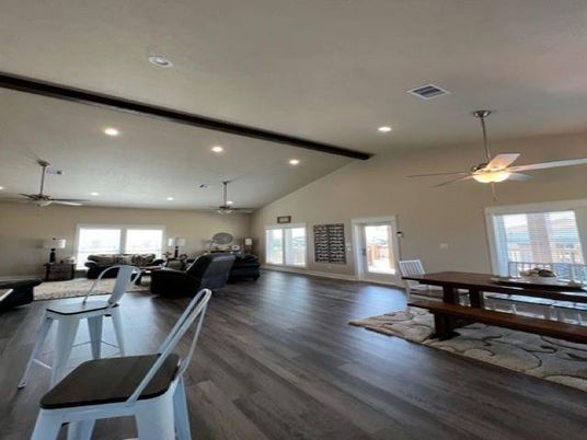 Dining room, Interior, Living room, Recessed Lighting, Wood Texture Flooring