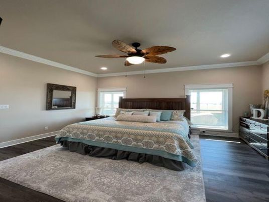 Bedroom, Interior, Recessed Lighting, Wood Texture Flooring