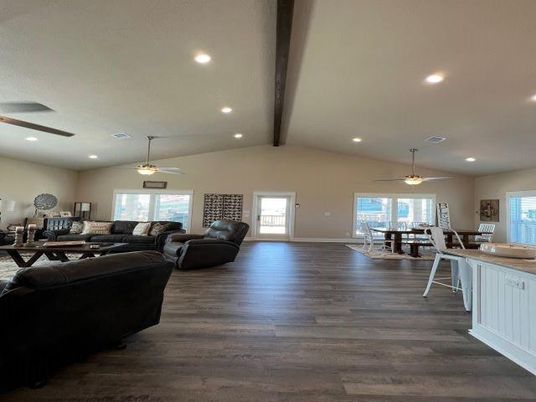 Dining room, Interior, Living room, Recessed Lighting, Wooden Beams, Wood Texture Flooring
