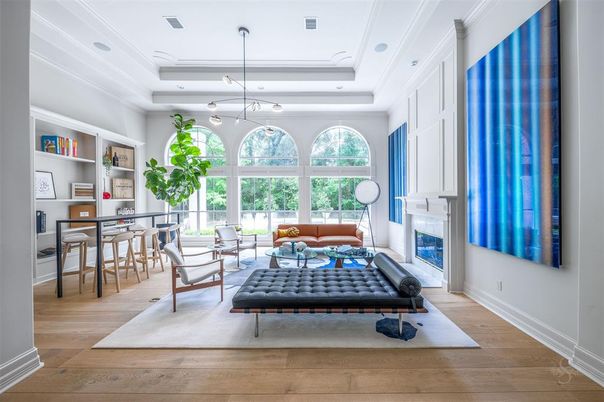 Dining room, Fireplace, Interior, Living room, Pendant Lights, Recessed Lighting, Wood Texture Flooring