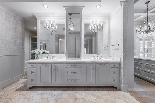 Bathroom, Chandelier, Dual Sink Vanities, Interior, Recessed Lighting