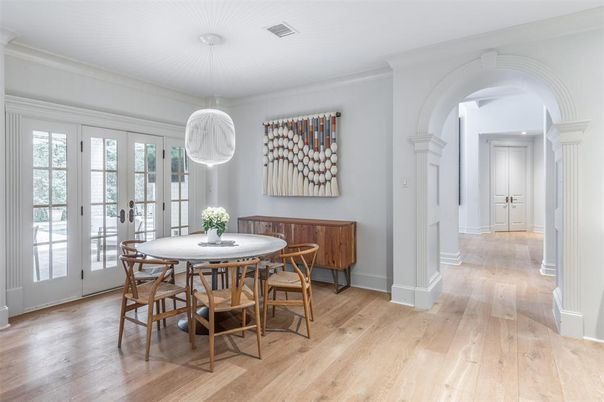 Dining room, Interior, Pendant Lights, Wood Texture Flooring