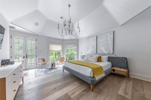 Bedroom, Chandelier, Interior, Wood Texture Flooring