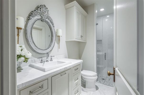 Bathroom, Glass Shower, Interior, Marble, Recessed Lighting