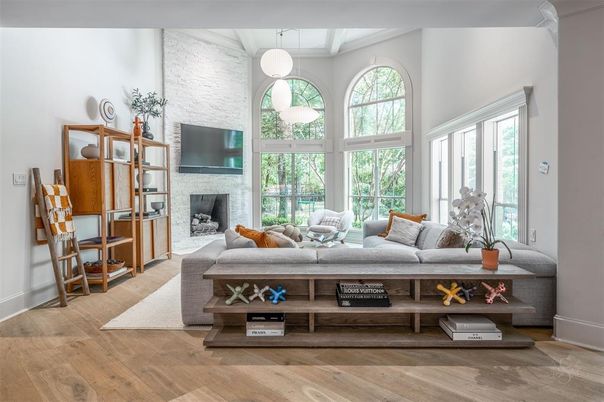 Fireplace, Interior, Living room, Pendant Lights, Wood Texture Flooring