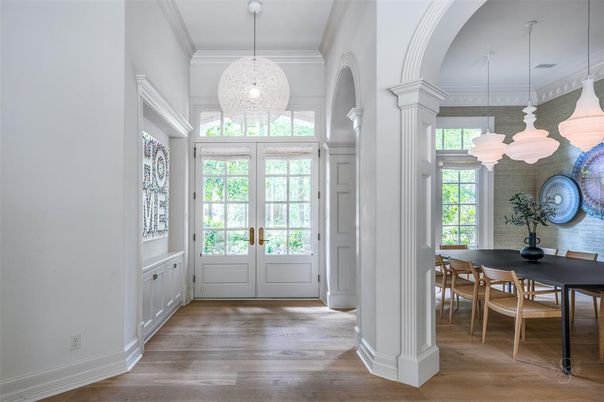 Chandelier, Dining room, Interior, Pendant Lights, Wood Texture Flooring