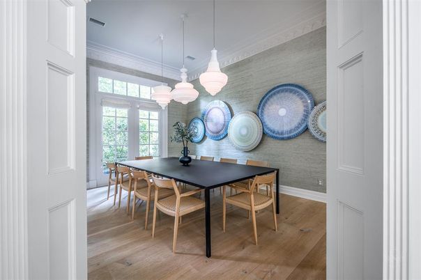 Dining room, Interior, Pendant Lights, Wood Texture Flooring