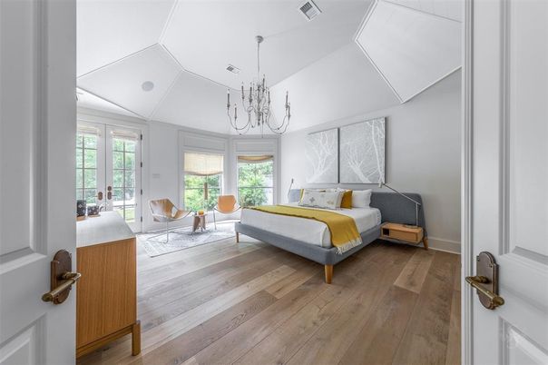 Bedroom, Chandelier, Interior, Wood Texture Flooring