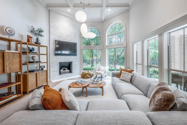 Fireplace, Interior, Living room, Pendant Lights, Recessed Lighting, Stone Walls, Wood Texture Flooring