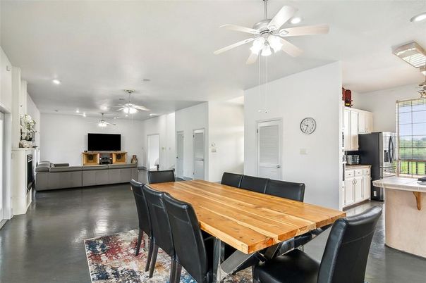Dining room, Interior, Kitchen, Living room, Recessed Lighting, Wood Texture Flooring
