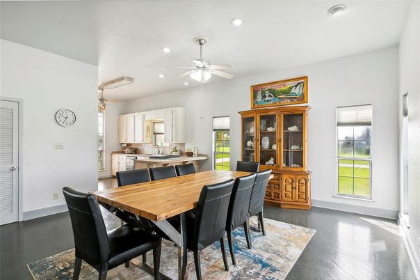 Dining room, Interior, Kitchen, Recessed Lighting, Wood Texture Flooring