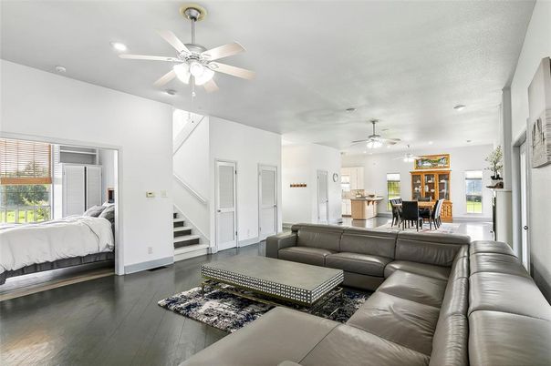 Dining room, Interior, Living room, Recessed Lighting, Wood Texture Flooring