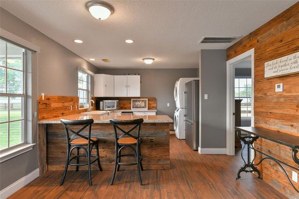 Interior, Kitchen, Recessed Lighting, Wood Texture Flooring, Wooden Walls