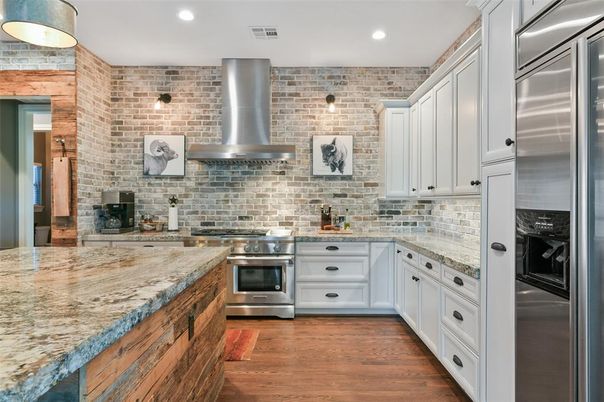 Interior, Kitchen, Recessed Lighting, Stainless Steel Appliances, Stone Walls, Wood Texture Flooring