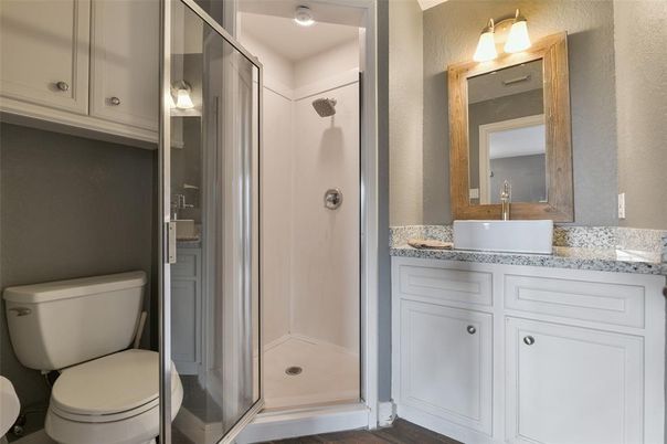 Bathroom, Glass Shower, Interior, Wood Texture Flooring