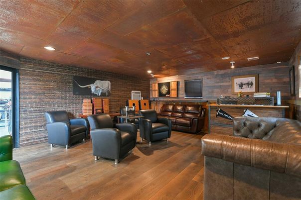 Home Theatre Room, Interior, Living room, Recessed Lighting, Stone Walls, Wood Texture Flooring, Wooden Walls