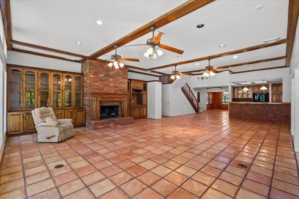 Fireplace, Interior, Recessed Lighting, Stone Walls