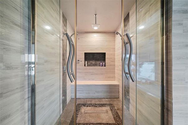 Bathroom, Fireplace, Glass Shower, Interior, Pendant Lights, Sauna Room