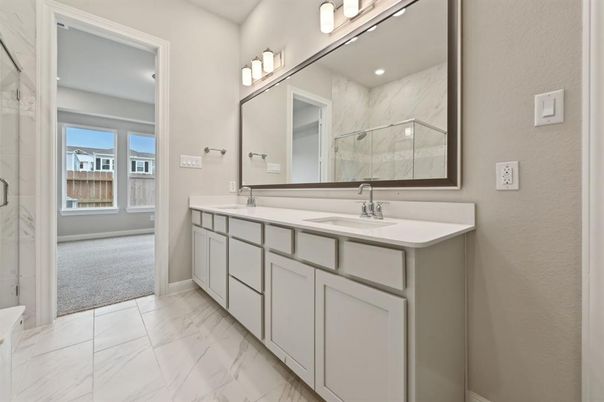 Bathroom, Dual Sink Vanities, Glass Shower, Interior, Marble, Marble Walls