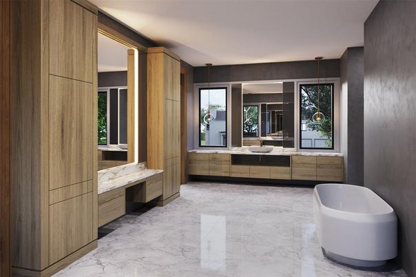 Bathroom, Dual Sink Vanities, Free Standing Baths, Interior, Marble, Pendant Lights