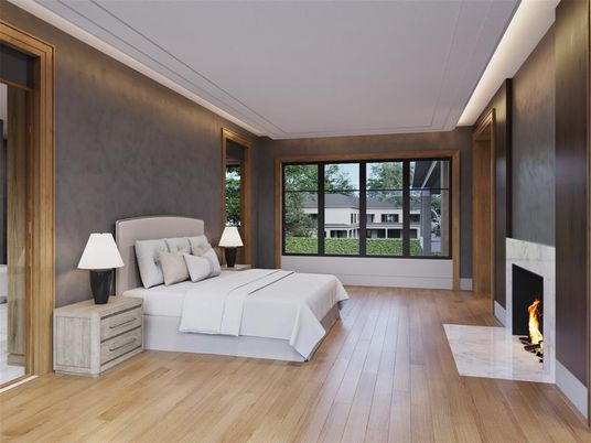 Bedroom, Fireplace, Interior, Wood Texture Flooring
