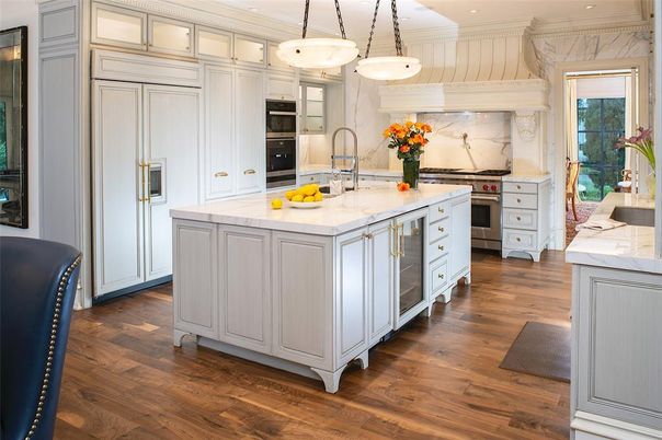 Interior, Kitchen, Marble Walls, Pendant Lights, Recessed Lighting, Stainless Steel Appliances, Wood Texture Flooring