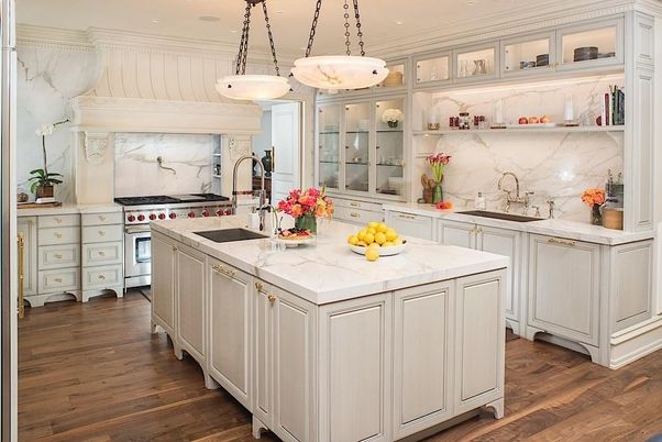 Interior, Kitchen, Marble Walls, Pendant Lights, Recessed Lighting, Stainless Steel Appliances, Wood Texture Flooring