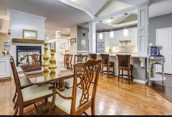 Dining room, Fireplace, Interior, Kitchen, Pendant Lights, Recessed Lighting, Wood Texture Flooring