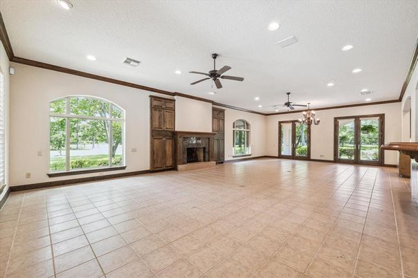 Billiard Table, Chandelier, Empty room, Fireplace, Game Room, Interior, Recessed Lighting