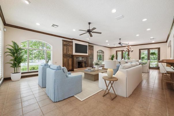 Chandelier, Dining room, Fireplace, Interior, Living room, Recessed Lighting