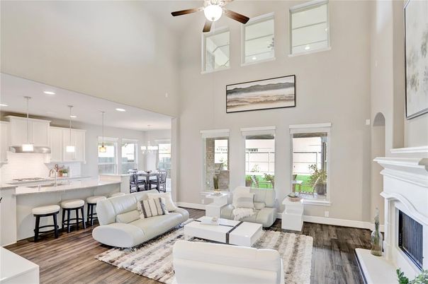 Dining room, Fireplace, Interior, Kitchen, Living room, Pendant Lights, Recessed Lighting, Wood Texture Flooring