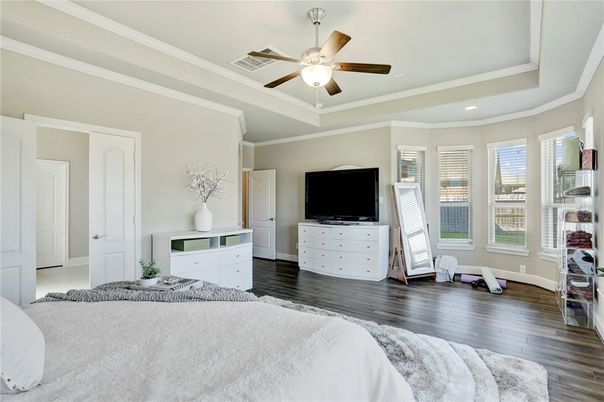 Bedroom, Interior, Recessed Lighting, Wood Texture Flooring