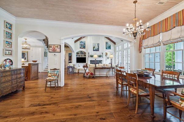 Chandelier, Dining room, Fireplace, Interior, Living room, Pendant Lights, Wood Texture Flooring