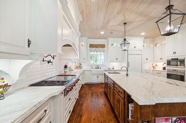 Interior, Kitchen, Pendant Lights, Recessed Lighting, Stainless Steel Appliances, Wooden Ceilings, Wood Texture Flooring