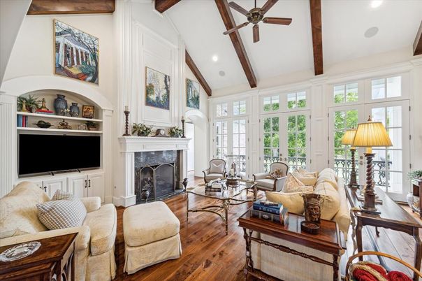 Fireplace, Interior, Living room, Recessed Lighting, Wooden Beams, Wood Texture Flooring