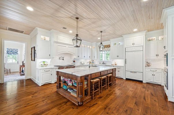 Interior, Kitchen, Pendant Lights, Recessed Lighting, Wooden Ceilings, Wood Texture Flooring